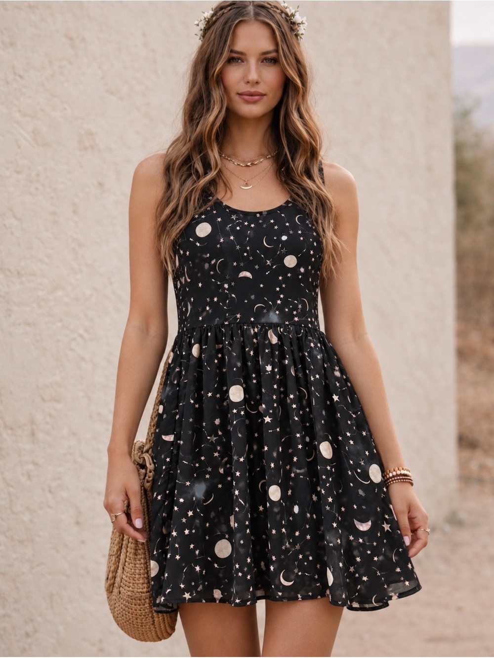 🌺 Here Comes the Sun Celestial Print Babydoll Mini Dress